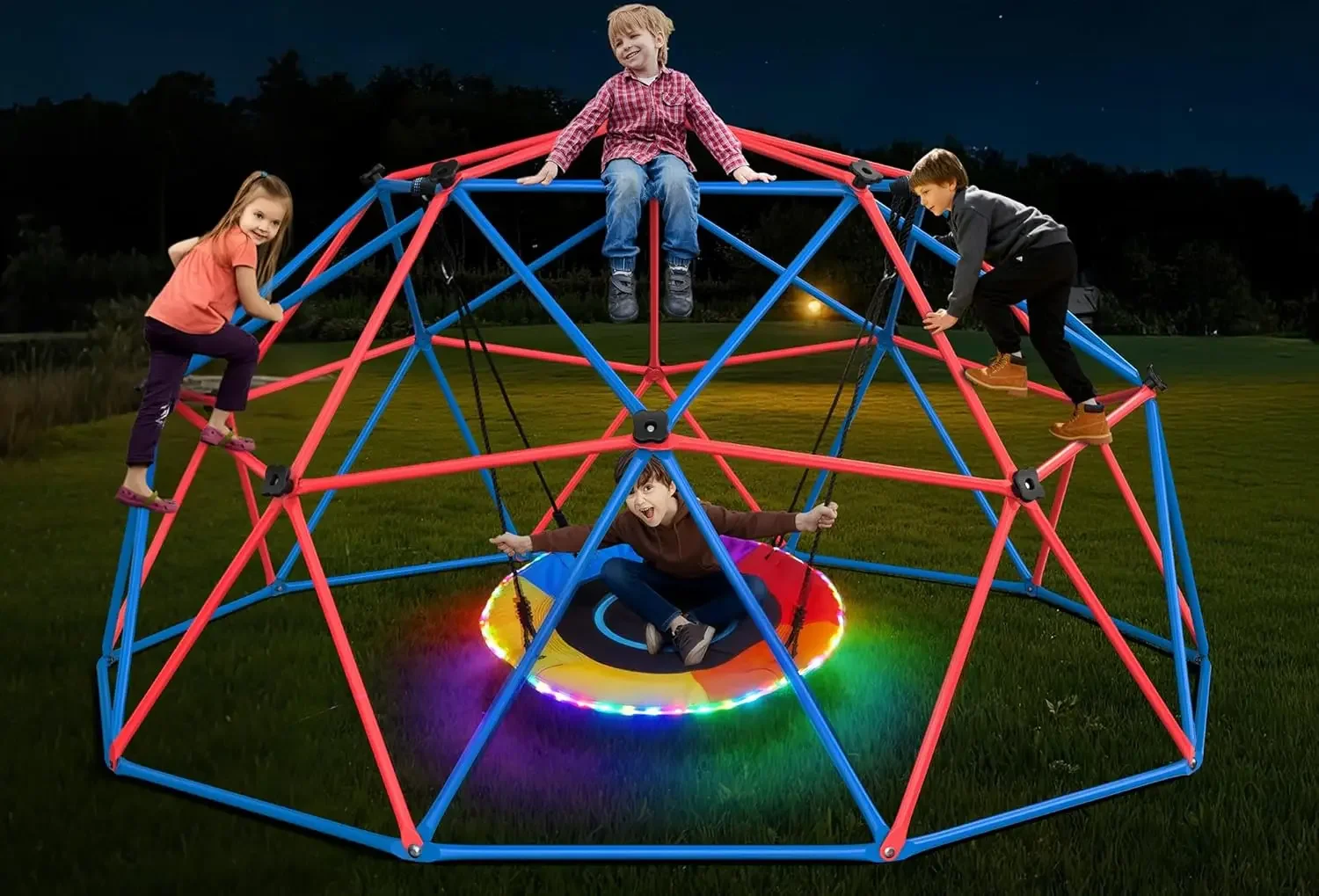 Kids Outdoor Jungle Gym Dome - ชุดชิงช้าปีนป่าย Hapfan พร้อมชิงช้าทรงจานพร้อมไฟ LED, สนามเด็กเล่นกลางแจ้งสำหรับเด็ก, รองรับน้ำหนักได้ถึง