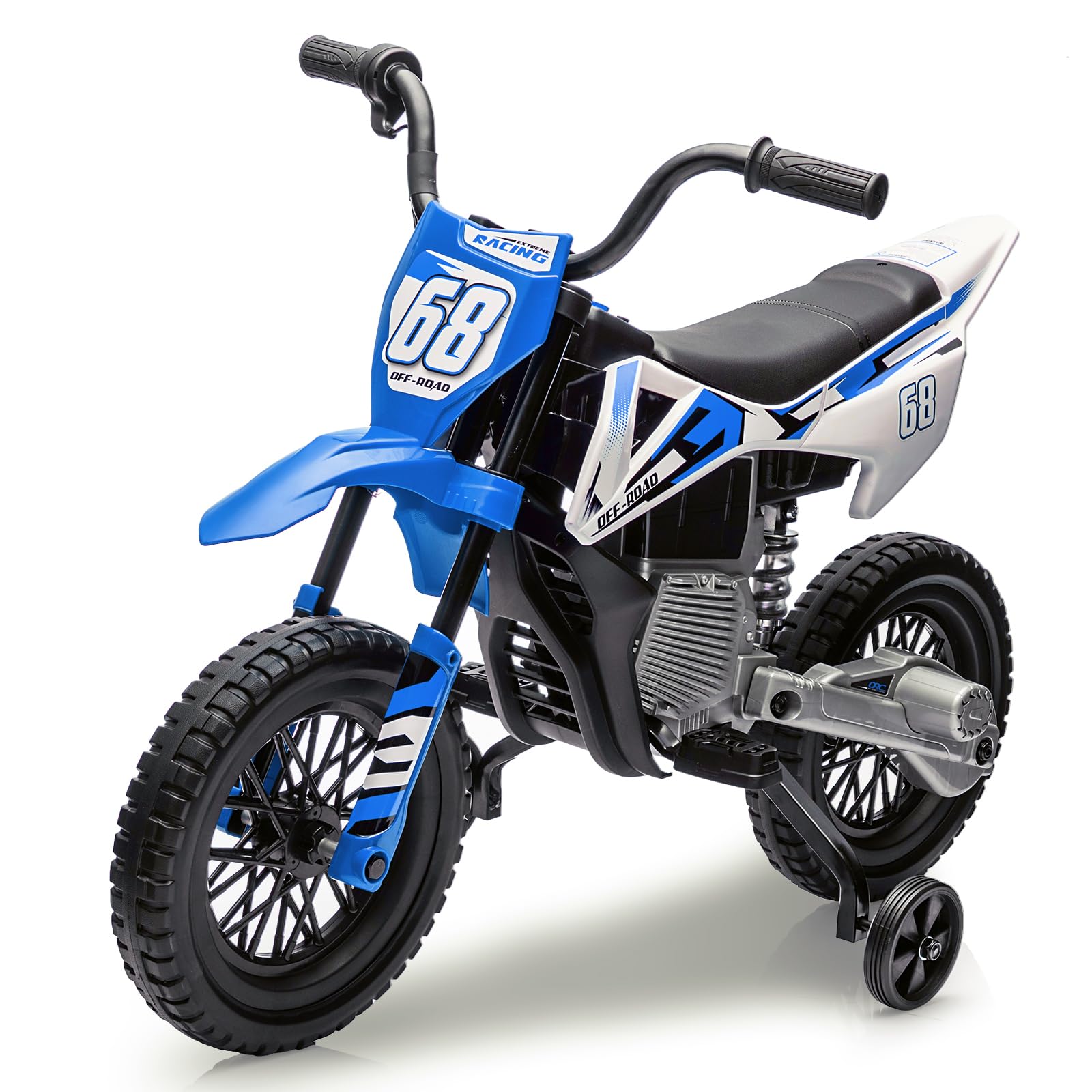 Kids Outdoor Dirt Toys - มอเตอร์ไซค์ไฟฟ้าสำหรับเด็ก 12V - ของเล่นมอเตอร์ไซค์แบบขี่ได้ พร้อมล้อช่วยฝึกขับ, คันเร่งแบบหมุน,