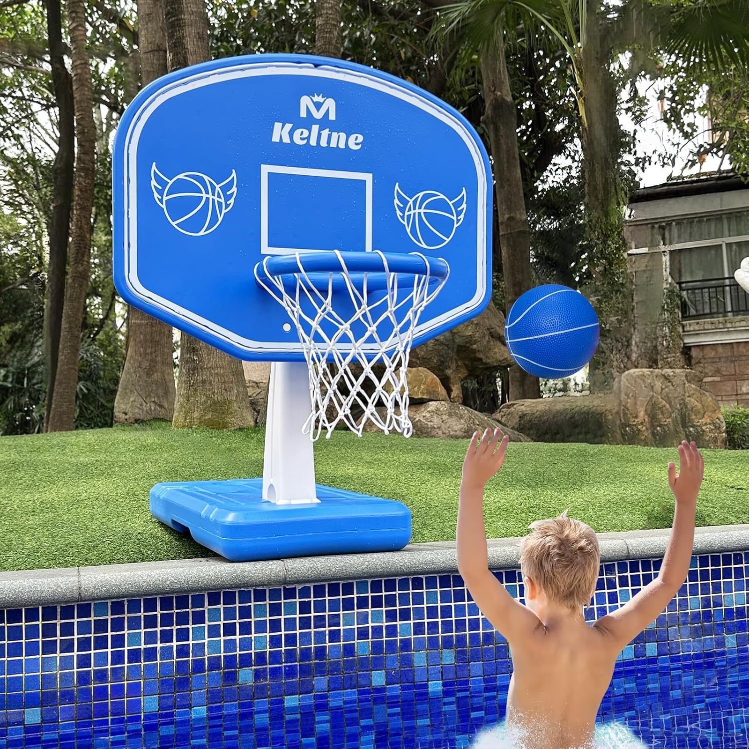 Kids Outdoor Activities - ห่วงบาสเก็ตบอลสำหรับสระว่ายน้ำขนาดใหญ่พร้อมฐานที่แข็งแรงทนทาน เหมาะสำหรับการเล่นบาสเก็ตบอลริมสระน้ำ มาพร้อมลูกบอล 2 ลูกและปั๊มลม กิจกรรมทางน้ำแสนสนุกสำหรับเด็กและผู้ใหญ่