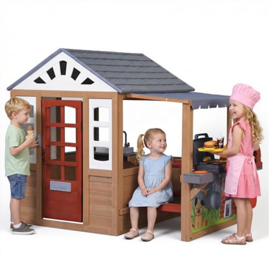 Kids Outdoor Grill Set - บ้านเด็กเล่นกลางแจ้งสำหรับเด็กอายุ 3-8 ปี ทำจากไม้ซีดาร์ สีน้ำตาล พร้อมเตาย่างบาร์บีคิว