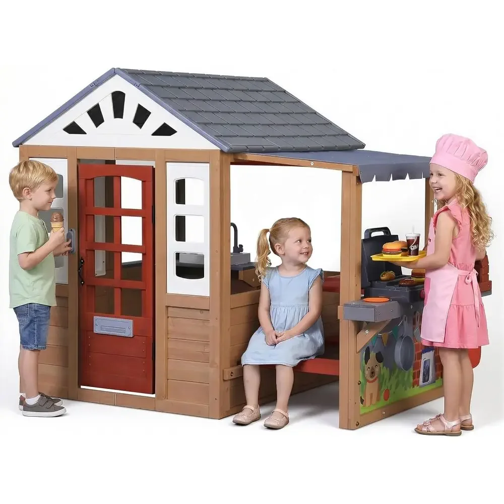 Kids Outdoor Grill Set - บ้านเด็กเล่นกลางแจ้งทำจากไม้, บ้านเด็กเล่นไม้ CeWooden สำหรับเด็กอายุ 3-8 ปี