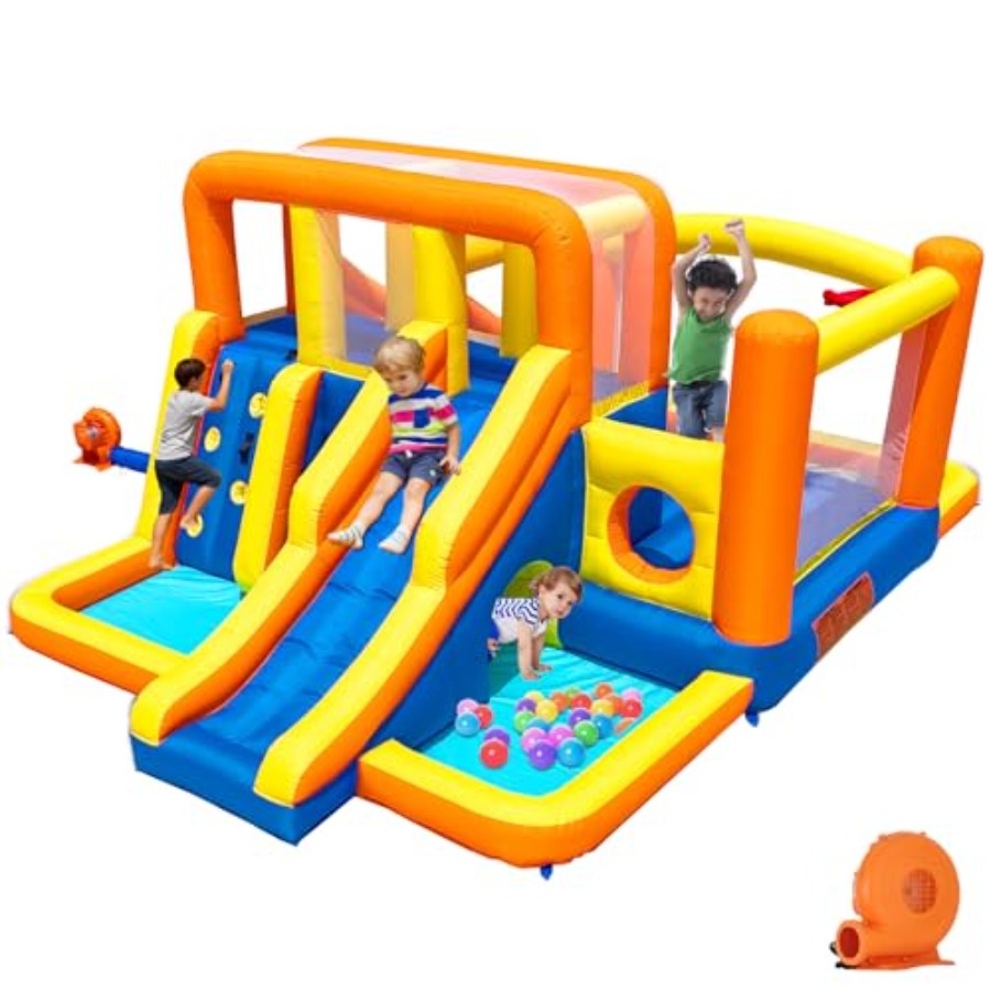 Kids Outdoor Zone - บ้านลมเป่าลมกลางแจ้งพร้อมสไลเดอร์น้ำสำหรับเด็กโต: ผลิตจาก PVC คุณภาพสูง สีฟ้าและสีเหลือง แบ่งโซนเล่นเปียก/แห้ง