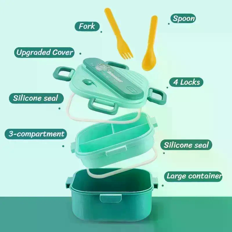 Kids.Outdoor Utensils - กล่องอาหารกลางวันเด็ก ลายการ์ตูน 3 ช่อง ฝาปิดกันรั่ว พร้อมชุดช้อนส้อม