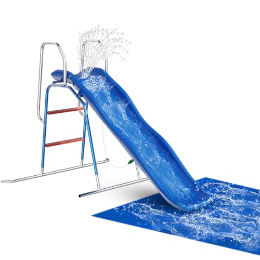 Kids Outdoor Zone - สไลเดอร์น้ำสำหรับเด็กในสวนหลังบ้าน: วัสดุ PVC สีฟ้า พร้อมหัวฉีดน้ำ 3
